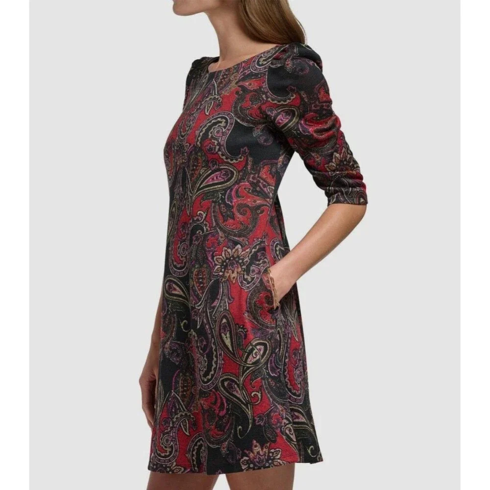 Jessica Howard Women's Paisley Print Knit A-Line Shift Dress Red Black Size PMed